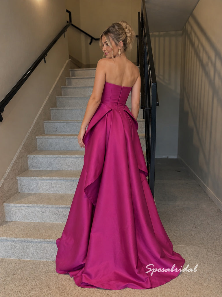 Fuchsia Strapless Satin High Low Gown, Keyhole Cutout Corset Formal Prom Evening Dress, PD4366
