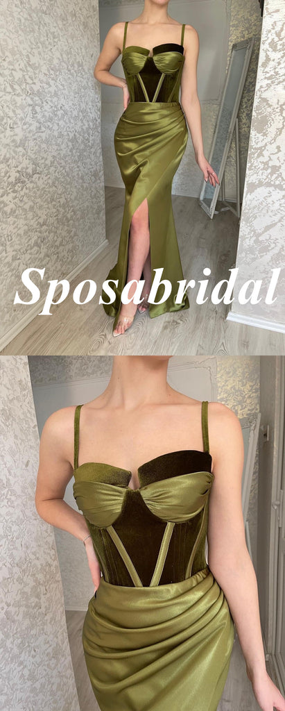 Sexy Soft Satin And Velvet Spaghetti Straps Side Slit Mermaid Long Prom Dresses, PD3767