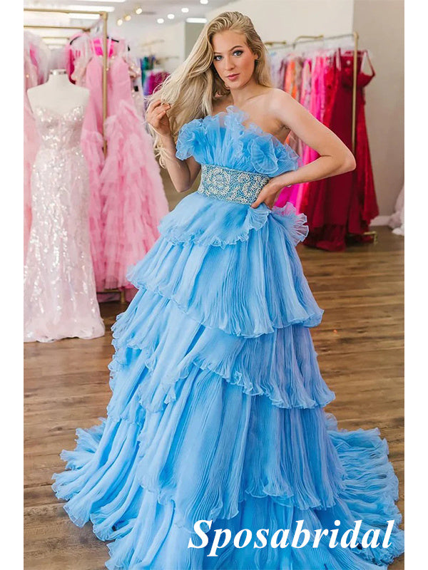 Elegant Blue Tulle Sweetheart  A-Line Long Prom Dresses With Applique, PD3818
