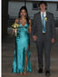 Teal Satin Spaghetti Straps High Slit Formal Evening Gown for Prom, PD4129