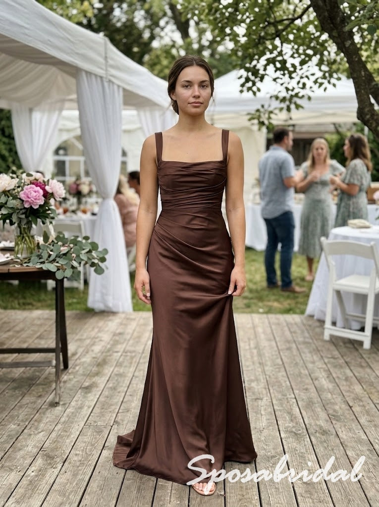 Chocolate Brown Satin Wide Strap Square Neck Ruched Bodice Mermaid Floor Length Bridesmaid Gown,BD3488