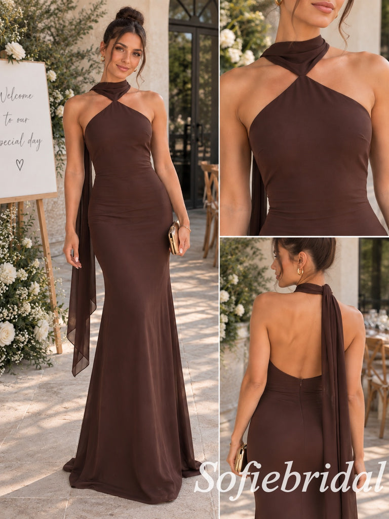 Chocolate Brown Chiffon Ruched Halter Sash Floor Length Mermaid Bridesmaid Gown, BD3483