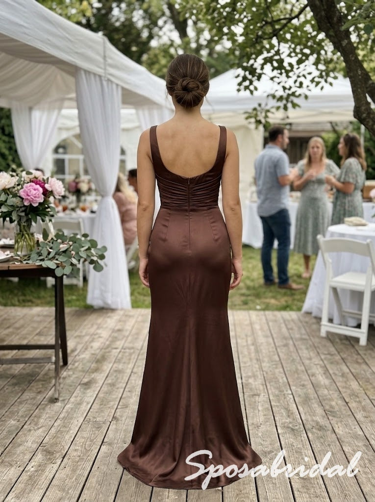 Chocolate Brown Satin Wide Strap Square Neck Ruched Bodice Mermaid Floor Length Bridesmaid Gown,BD3488
