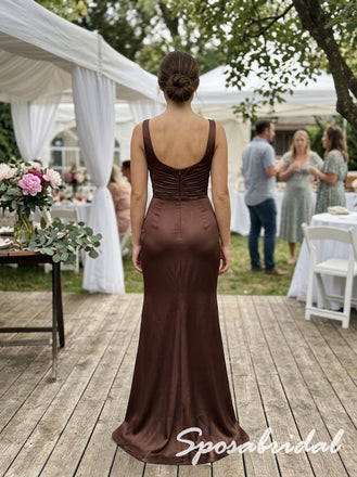 Chocolate Brown Satin Wide Strap Square Neck Ruched Bodice Mermaid Floor Length Bridesmaid Gown,BD3488