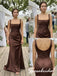 Chocolate Brown Satin Wide Strap Square Neck Ruched Bodice Mermaid Floor Length Bridesmaid Gown,BD3488