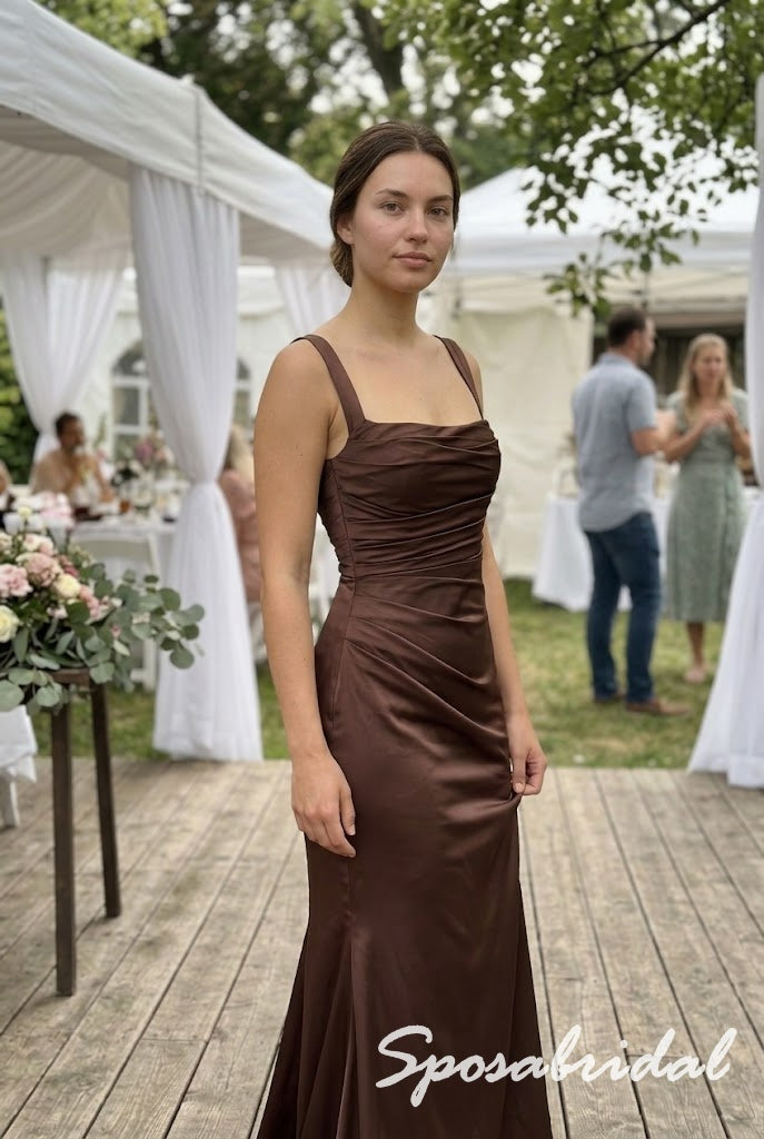 Chocolate Brown Satin Wide Strap Square Neck Ruched Bodice Mermaid Floor Length Bridesmaid Gown,BD3488