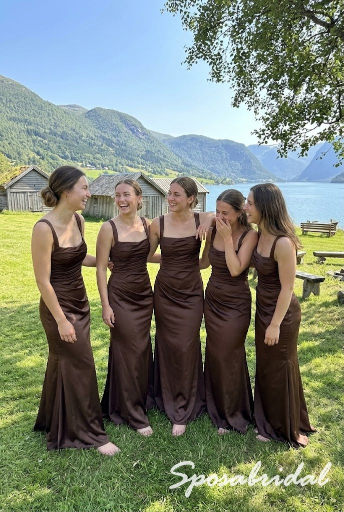 Chocolate Brown Satin Wide Strap Square Neck Ruched Bodice Mermaid Floor Length Bridesmaid Gown,BD3488