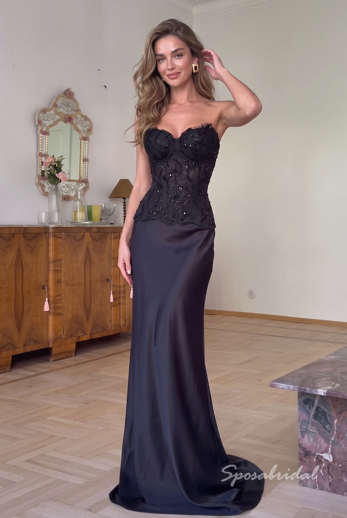 1. Strapless Black Lace Beaded Mermaid Satin Evening Dress, Sheer Bodice Formal Prom Gown, PD4358