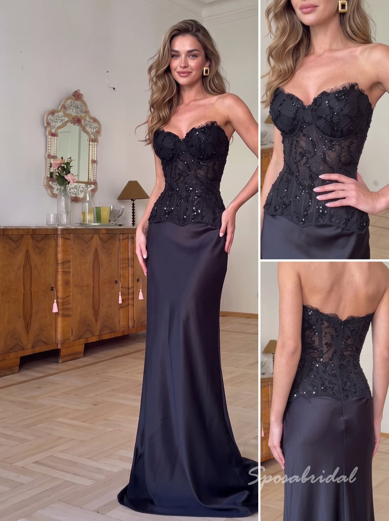 1. Strapless Black Lace Beaded Mermaid Satin Evening Dress, Sheer Bodice Formal Prom Gown, PD4358