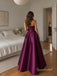 Strapless Plum Satin Midi Evening Dress, Straight Neck Pleated Ballgown Formal Gown, PD4360