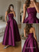 Strapless Plum Satin Midi Evening Dress, Straight Neck Pleated Ballgown Formal Gown, PD4360
