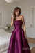 Strapless Plum Satin Midi Evening Dress, Straight Neck Pleated Ballgown Formal Gown, PD4360