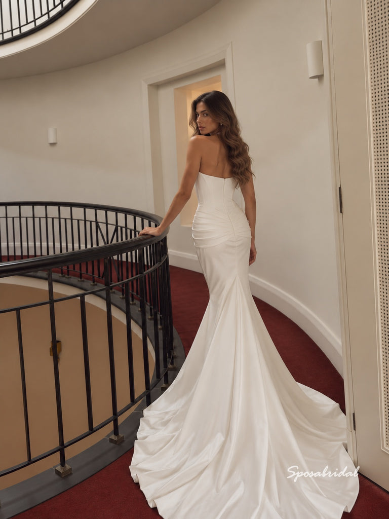 Halter V-Neck Lace Mermaid Wedding Dress, Ruched Satin Fit Bridal Gown, WD3151