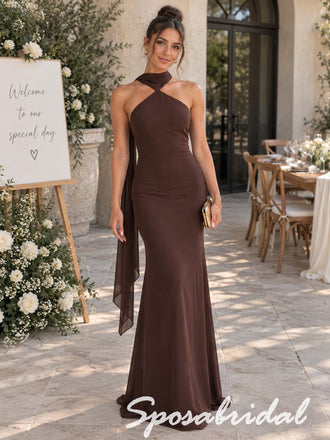 Chocolate Brown Chiffon Ruched Halter Sash Floor Length Mermaid Bridesmaid Gown, BD3483