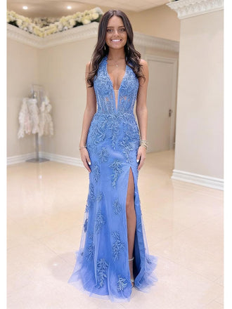 Periwinkle Blue Lace Mermaid Prom Dress | Deep V Neck Open Back Formal Evening Gown, PD4174