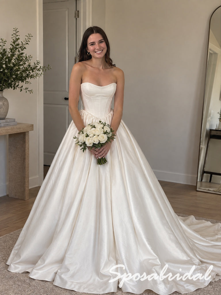 Strapless Sweetheart Neck Satin Corset Bodice Ball Gown Wedding Bridal Dress, WD3129