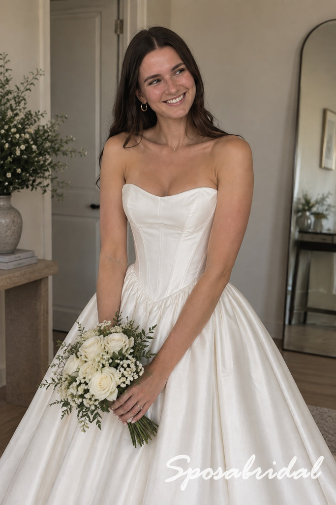 Strapless Sweetheart Neck Satin Corset Bodice Ball Gown Wedding Bridal Dress, WD3129