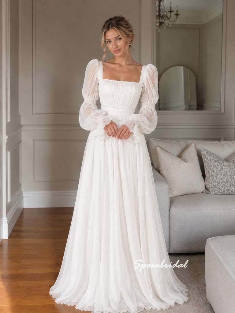 Square Neck Long Puff Sleeve Lace Tulle Wedding Dress, A Line Bridal Gown, WD3152