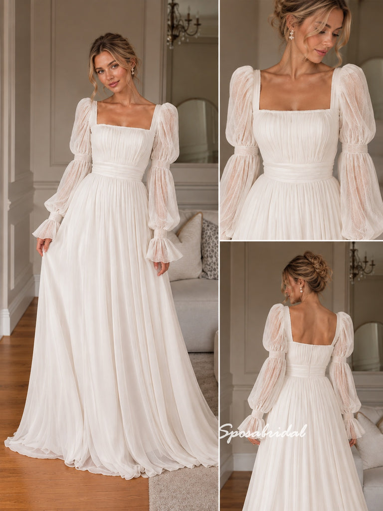 Square Neck Long Puff Sleeve Lace Tulle Wedding Dress, A Line Bridal Gown, WD3152
