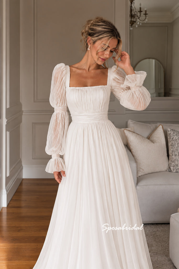 Square Neck Long Puff Sleeve Lace Tulle Wedding Dress, A Line Bridal Gown, WD3152