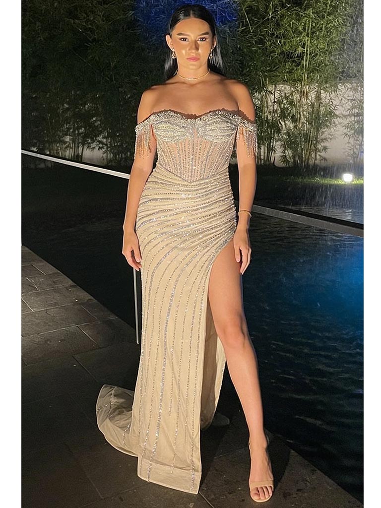 Nude Off-the-Shoulder Beaded High Slit Formal Gown for Gala, PD4130