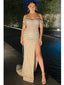 Nude Off-the-Shoulder Beaded High Slit Formal Gown for Gala, PD4130