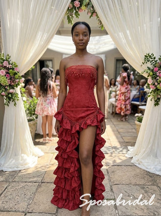 Glam Strapless Beaded Tiered Ruffle Red Formal Bridesmaid Dress, PD4304