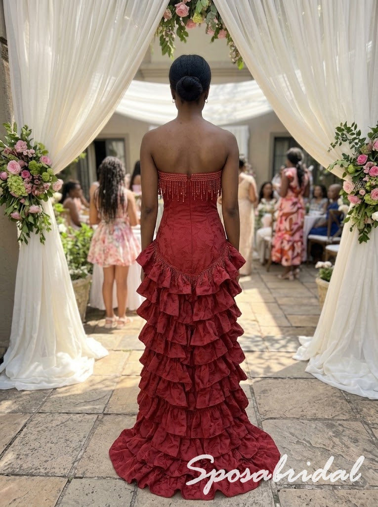 Glam Strapless Beaded Tiered Ruffle Red Formal Bridesmaid Dress, PD4304