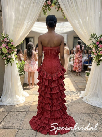 Glam Strapless Beaded Tiered Ruffle Red Formal Bridesmaid Dress, PD4304