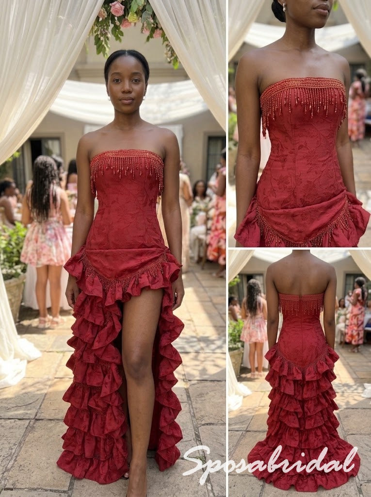 Glam Strapless Beaded Tiered Ruffle Red Formal Bridesmaid Dress, PD4304