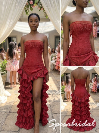 Glam Strapless Beaded Tiered Ruffle Red Formal Bridesmaid Dress, PD4304