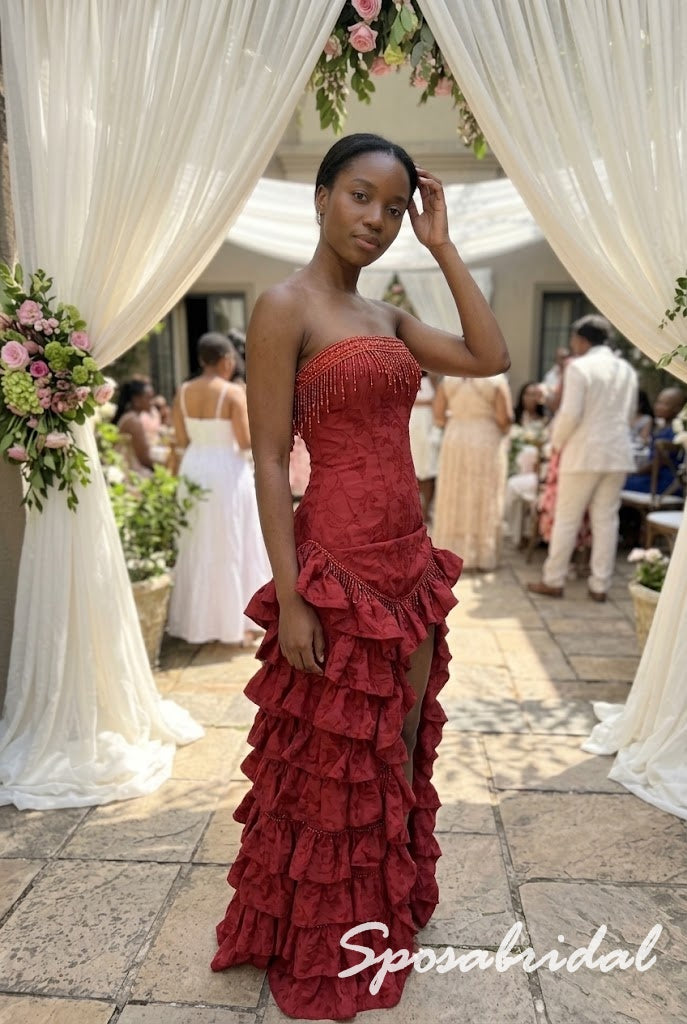 Glam Strapless Beaded Tiered Ruffle Red Formal Bridesmaid Dress, PD4304