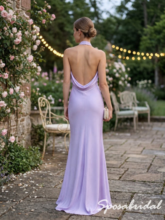 Lavender Satin Draped Halter Keyhole Floor Length Column Evening Gown, PD4296