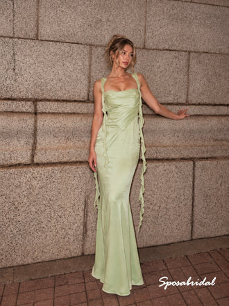 Sage Green Satin Mermaid Evening Dress, Ruffle Strap Formal Gown, PD4384