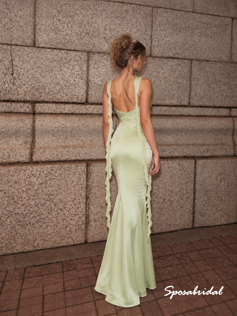 Sage Green Satin Mermaid Evening Dress, Ruffle Strap Formal Gown, PD4384