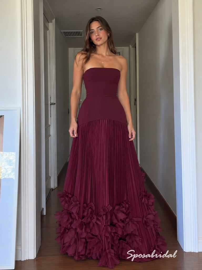 Burgundy Strapless Pleated Tulle Evening Gown, 3D Floral Ruffle Hem Formal Prom Dress, PD4371