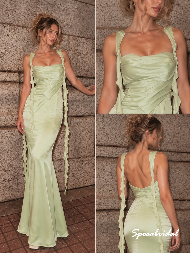 Sage Green Satin Mermaid Evening Dress, Ruffle Strap Formal Gown, PD4384
