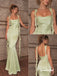 Sage Green Satin Mermaid Evening Dress, Ruffle Strap Formal Gown, PD4384