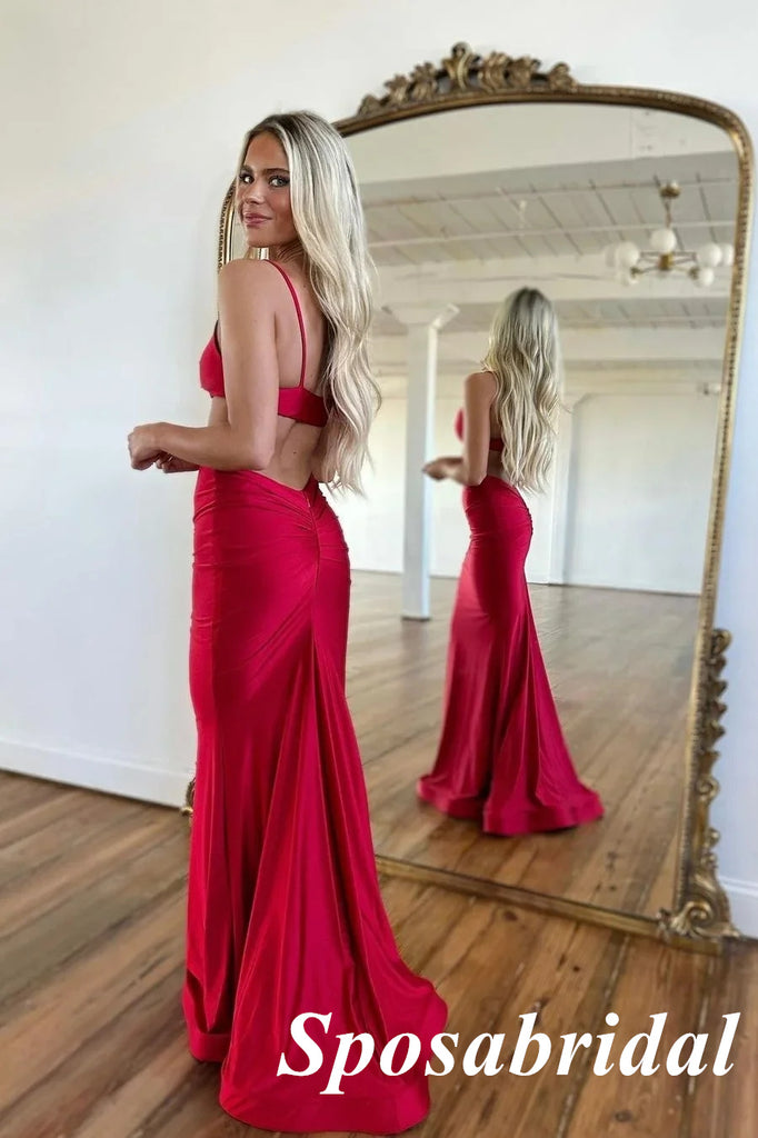 Sexy Soft Satin Spaghetti Straps  V-Neck Sleeveless Mermaid Long Prom Dresses, PD3902