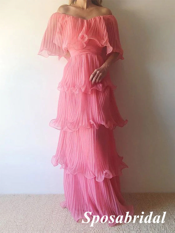 A Line Pink Pleated Long Prom Dress Formal Party Dress, PD3984