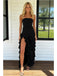 Sexy Black Chiffon Strapless Side Slit Mermaid Ruffle Prom Dress, PD4132