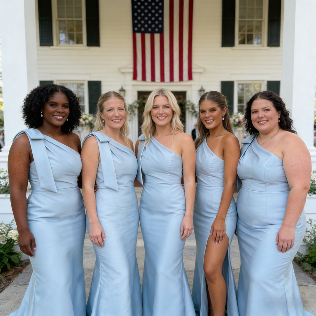 Elegant Light Blue Crepe One Shoulder Mermaid Bridesmaid Gowns for Wedding, BD3446