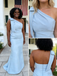 Elegant Light Blue Crepe One Shoulder Mermaid Bridesmaid Gowns for Wedding, BD3446