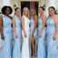 Elegant Light Blue Crepe One Shoulder Mermaid Bridesmaid Gowns for Wedding, BD3446