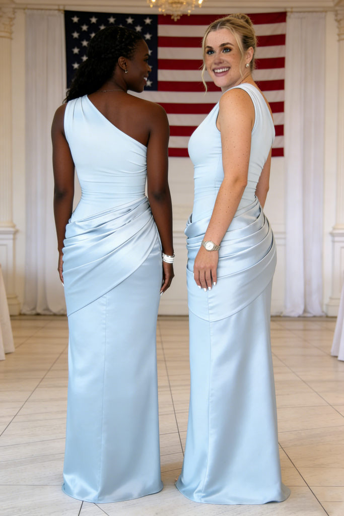 Elegant Light Blue One Shoulder Soft Satin Mermaid Bridesmaid Gown for Wedding, BD3449