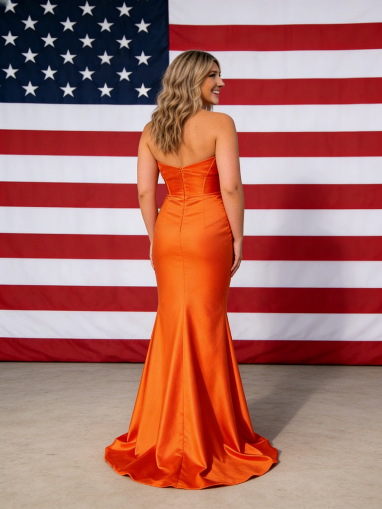 Sexy Burnt Orange Strapless Soft Satin Mermaid Bridesmaid Gown for Fall Wedding, BD3450