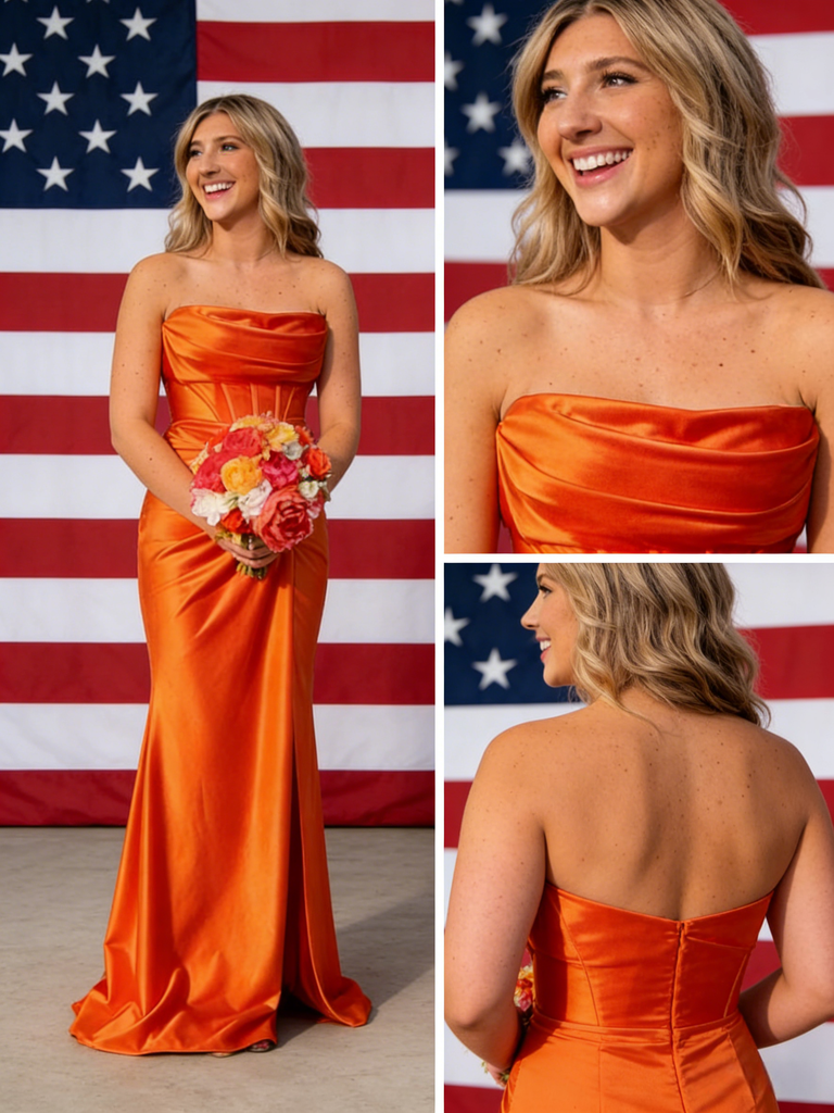 Sexy Burnt Orange Strapless Soft Satin Mermaid Bridesmaid Gown for Fall Wedding, BD3450