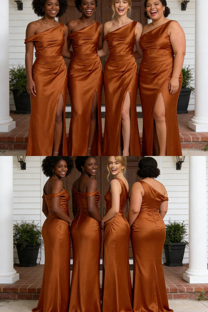 Elegant Burnt Orange Satin Asymmetric Mermaid Long Bridesmaid Dresses with Slit for Wedding Party, BD3454