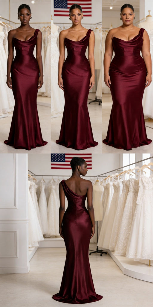 Elegant Burgundy Satin One Shoulder Mermaid Long Evening Gown for Wedding Guest, BD3455