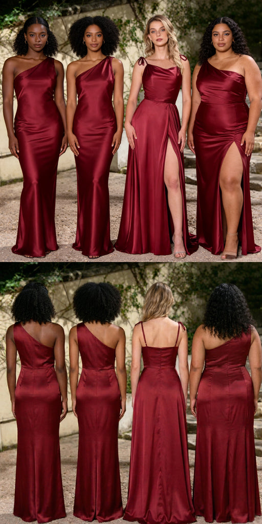 Luxury Mismatched Burgundy Satin Maxi Bridesmaid Dresses For Fall Weddings, BD3457